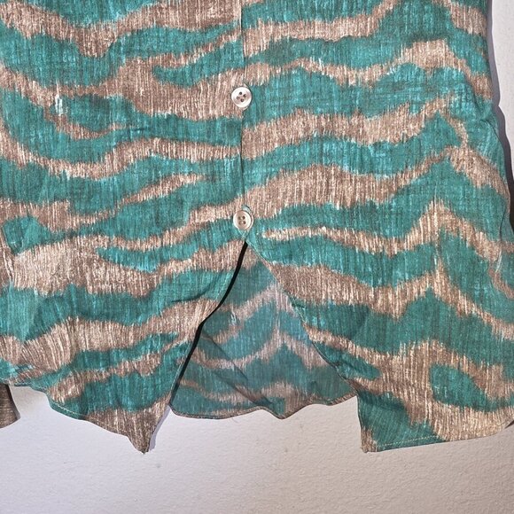 Diane von Furstenberg DVF XS Blouse Green Brown Animal Print Bell Sleeve Button - Picture 9 of 14